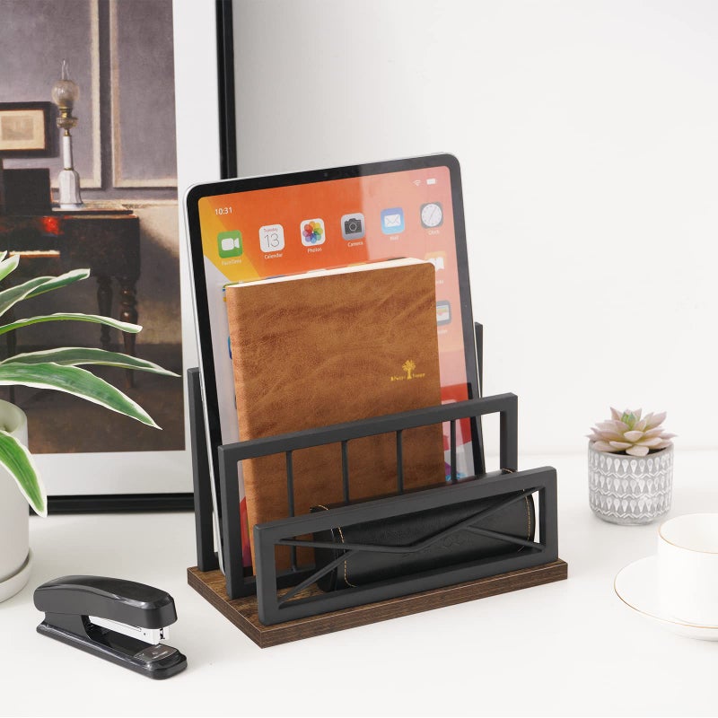 Snughome Desktop Mail Organizer  Desk Mail Organizer with 2-Slot Matte Black Metal Desktop Mail Sorter  Metal Storage File Holder Letter Sorter Organizer for Home or Office Desktop  Rustic Brown - Image 4